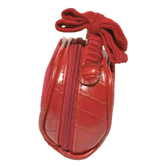 Mini Red Corduroy Cotton Full Zip Jewelry Travel Bag Bow on Handle Inside Pocket - Picture 2 of 15